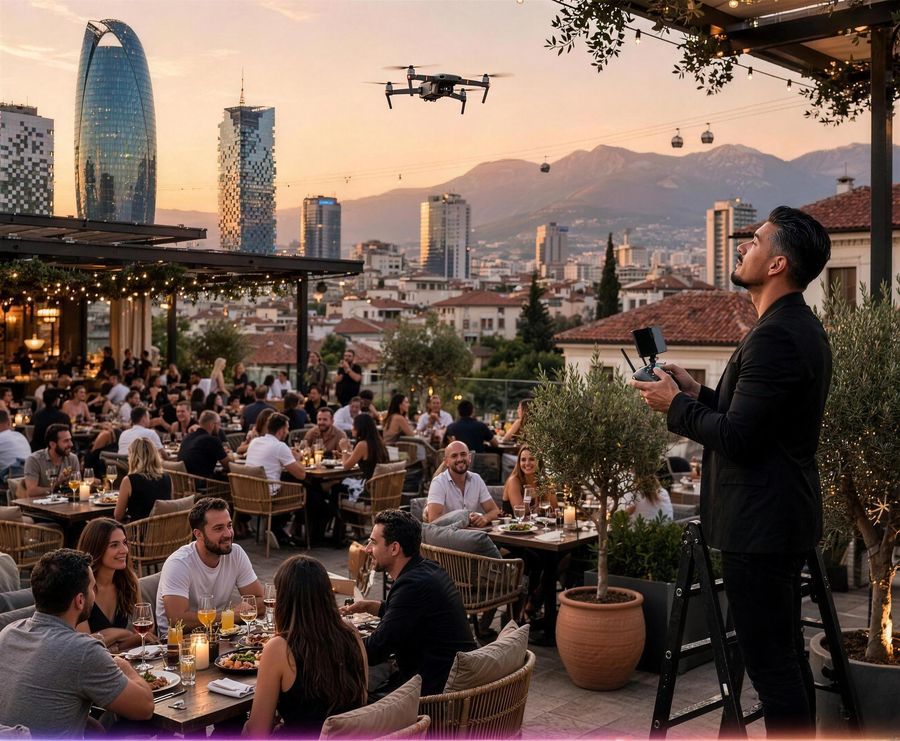 Rooftop de restaurant, drone au-dessus de Tirana